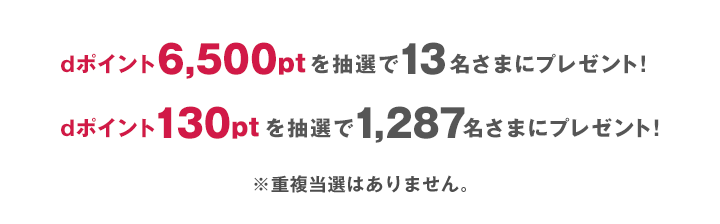 dポイント6,500ptを抽選で13名さまにプレゼント!またはdポイント130ptを抽選で1,287名さまにプレゼント!※重複当選はありません。